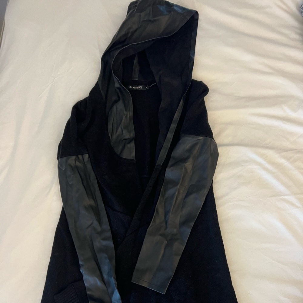 Blank NYC Vegan Leather / Cotton open front sweater with hood